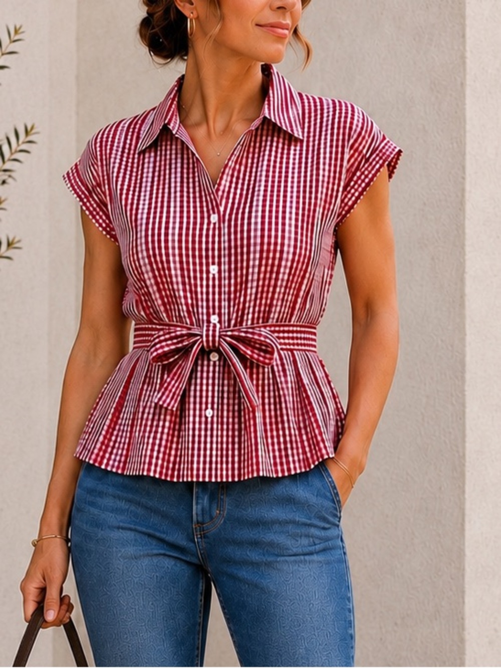 Max Studio Red Gingham Embroidered Shirt | with Smocked Waist Tie Belt Size | M